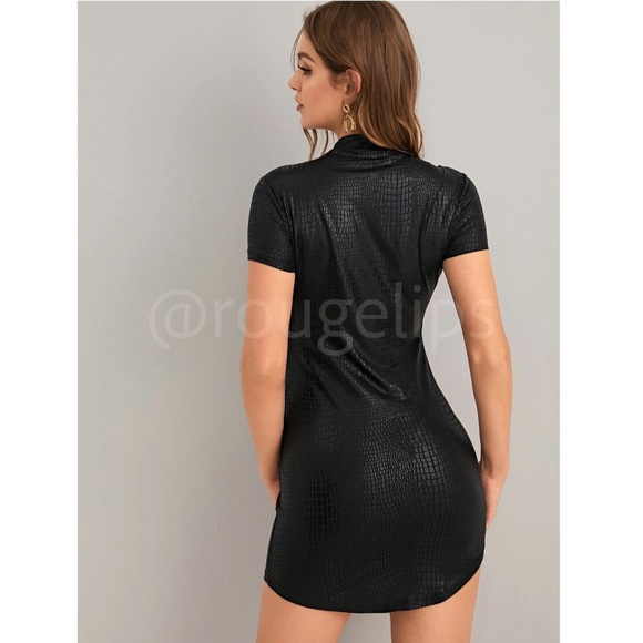 Black Faux Crocodile Reptile Gator Embossed Fitted Mini Dress Short Sleeve - Picture 4 of 7